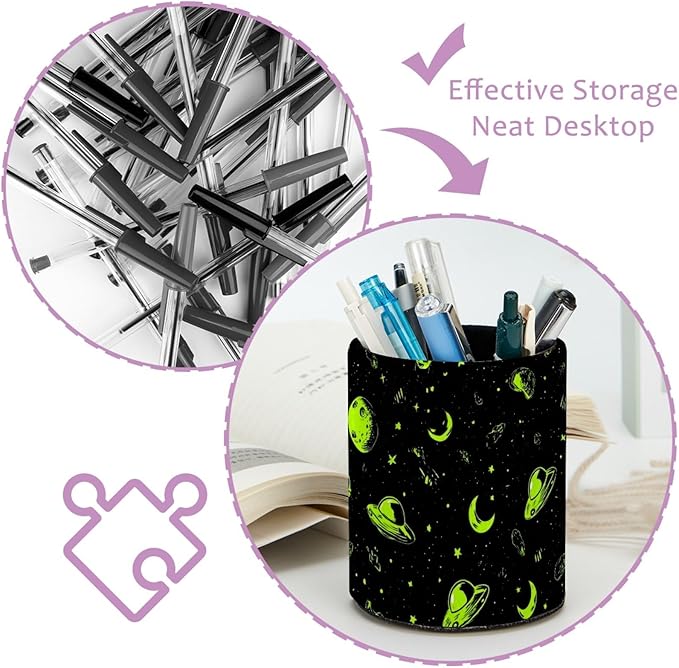 Leather Pen Holder for Desk Alien Moon Spaceship Pencil Cup Desktop Organizer Makeup Brush Holders Office Supplies for Home, Kids & School