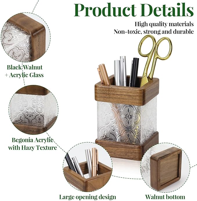 MultiBey Walnut Wooden Pencil Holder, Clear Acrylic and Wood Pen Holder, Black Walnut Desktop Pencil Cup Stand Wood Desk Accessory Organizer for School Office Home Supplies
