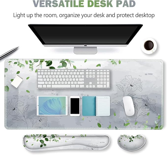 ARTSO Gaming Mouse Pad Wrist Support Set, XXL Large Desk Mat Mousepad + Keyboard Wrist Support+ Mouse Wrist Rest+Coaster 4in1 Ergonomic, Memory Foam -Green Leaves and Line Flower