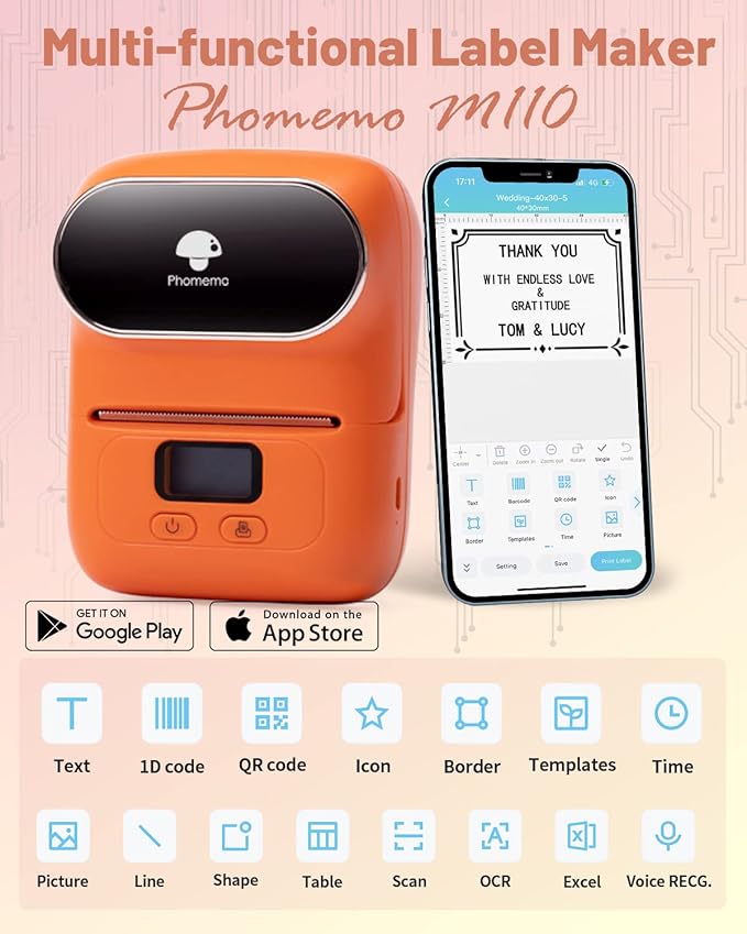 Phomemo M110 Label Maker Machine-Barcode Label Printer, Portable Sticker Maker for Price Tag, Logo,Address, Mailing, Home, Office & Small Business, Compatible with Phones&PC Orange