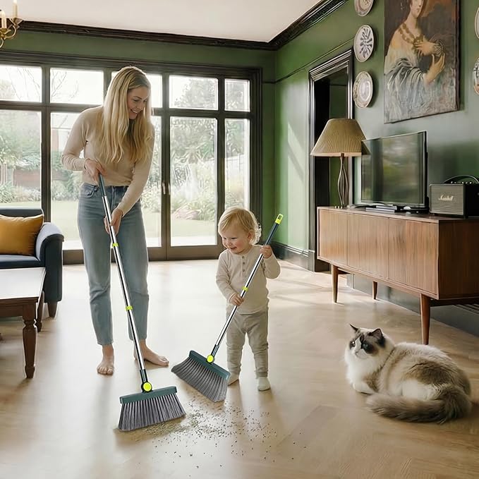 Broom and Dustpan Set – Stainless Steel Long-Handled Broom, Upright Broom with Self-Cleaning Hair Dustpan Teeth, Indoor & Outdoor Use, Suitable for Office, Kitchen & Bathroom