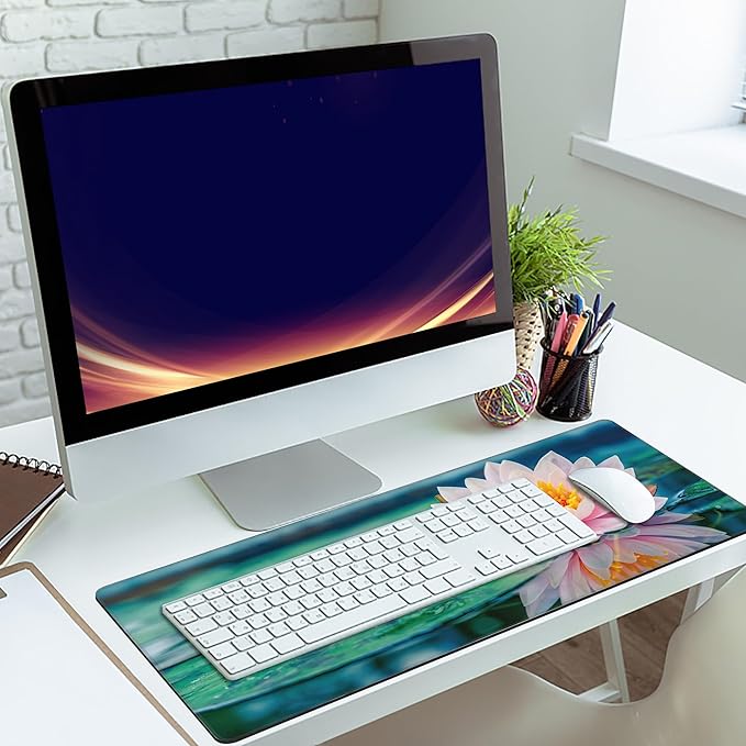 MIOAOSRT Desk Mat,Beautiful Pink Lotus Large Gaming Mouse Pad with Stitched Edges,Non-Slip Computer Mouse Pad for Desk,Extended XXL Keyboard and Mouse Pad 35.4x15.75 in