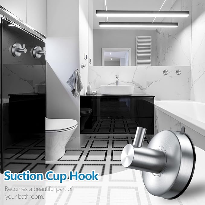 DGYB Suction Cup Hooks for Shower Set of 2 Brushed Nickel Towel Hooks for Bathrooms SUS 304 Stainless Steel Shower Hook for Loofah 15 Lb Bathroom Hook for Towels