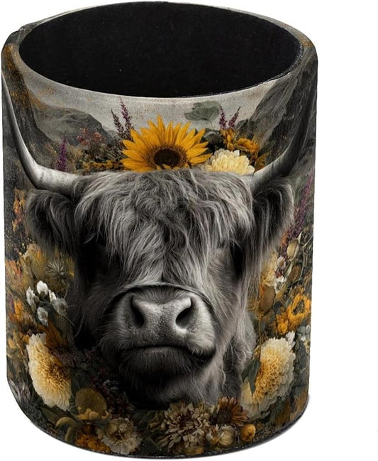 Watercolor Sunflower Yak PVC Leather Circular Pencil Holder for Desk Organizer Stationery Holder for Office, School(3.9 x 3.1 Inches)