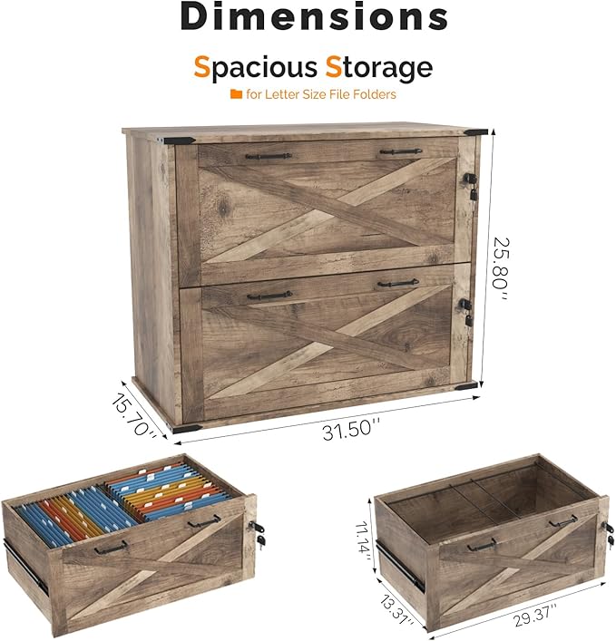 VINGLI 2 Drawer File Cabinet with Lock, Home Office Filing Organizer, for Letter Legal A4 Size File Folder Storage, Modern Farmhouse, Wood Lateral Filing Cabinet, Archivador (Rustic Gray)