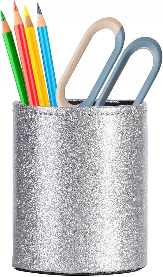 Pencil Holder for Desk, PU Leather Pen Holders for Cosmetics Office Supplies,Brush Holder Makeup Organizer Silver PH108