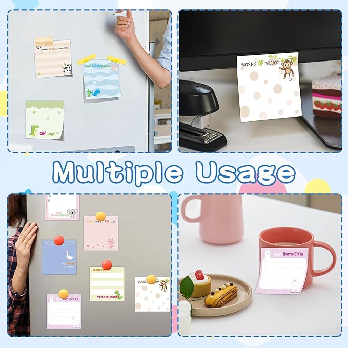 9 Pcs Funny Animal Notepads 3" x 3" Self-Adhesive Note Pads Cute Memo for Work Office School Home - 450 Sheets Reusable Animal Sticky Notes