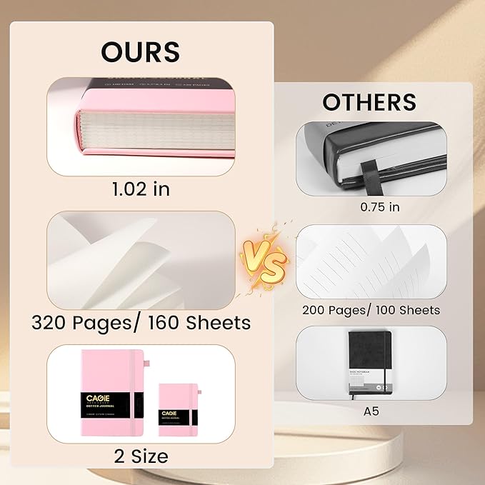 CAGIE Bullet Dotted Journal Notebook 320 Pages 100 GSM Paper Hardcover B5 Dot Grid Notebook Leather Journals for Writing Women Men Work Journaling, Pink