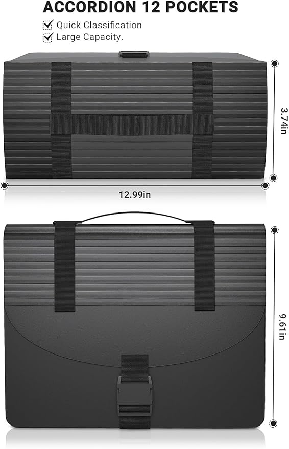 Expanding File Folders/Accordion File Organizer/Portable File Box,13 Pockets Expandable Filing Folder with Handle for Document Paper Receipt Bill Organizer,A4/Letter Size,Colored Tabs,Black Matte