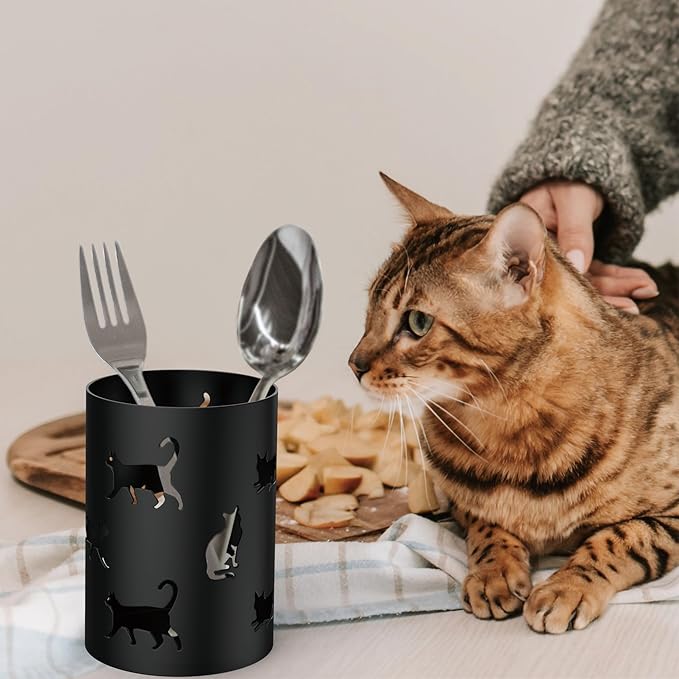 Mango Steam Metal Pen Holder, Makeup Brush Cup Organizer for Office, Bathroom, Vanity (Black, Cat)