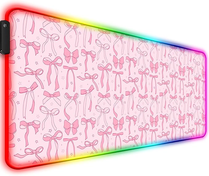 RGB Pretty Bow Girly Gaming Desk Mat, Computer Keyboard Large Extended Long LED Mouse Pad for Office and Home, XL (W24)