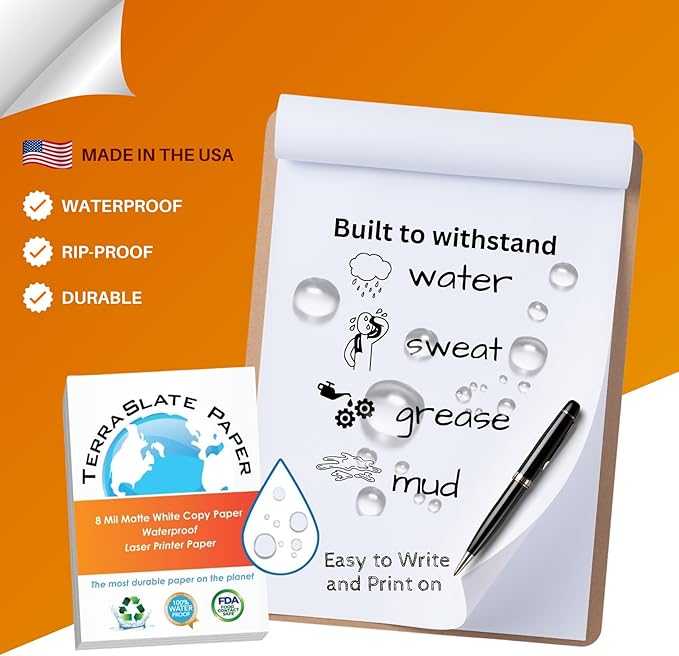 TerraSlate Waterproof Laser Printer Paper – 8 MIL 8.5"x14", 250 Sheets, White – Tear & Smudge Proof, Heavy-Duty for Outdoor Use, Ideal for Printing, Copying & More