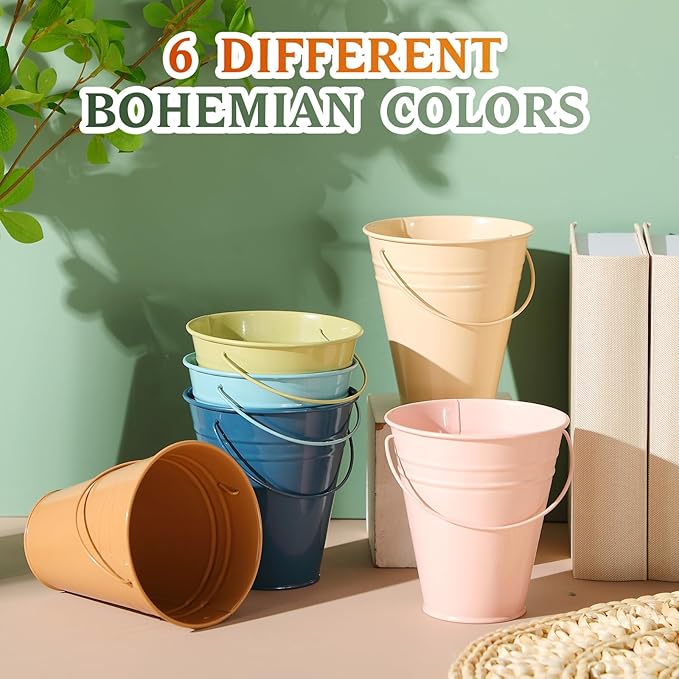 Sadnyy 6 Pack Colored Small Metal Buckets with Handle, 4.5 x 5.1 Inch Mini Galvanized Tin Bucket for Back to School Classrooms Crafts Pencil Holder Boho Wedding Birthday Party Favor Decoration