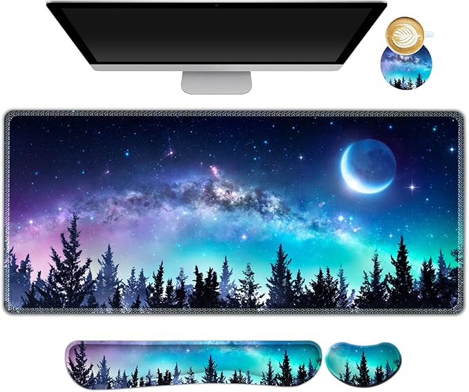 AIMSA Large Gaming Mouse Pad Set, Keyboard Wrist Rest Support + Extended Mouse Pad + Mouse Wrist Cushion + Coaster, Ergonomic Memory Foam Multifunctional Desk Mat 35x15.7inch (Forest Moon Sky)