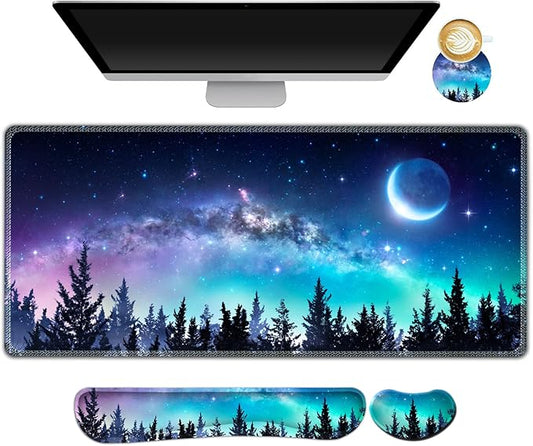 AIMSA Large Gaming Mouse Pad Set, Keyboard Wrist Rest Support + Extended Mouse Pad + Mouse Wrist Cushion + Coaster, Ergonomic Memory Foam Multifunctional Desk Mat 35x15.7inch (Forest Moon Sky)