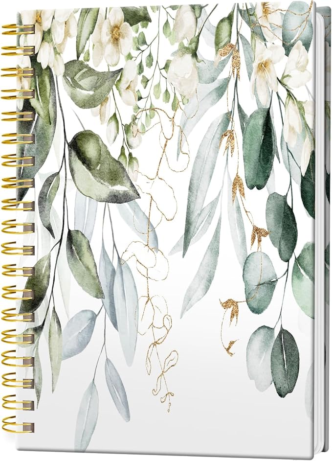 Spiral Journal Notebook, Hardcover Lined Journal for Women, Medium 6 x 8.4 in, 120 Pages Thick Paper, College Ruled Notebook for Writing, Work, Office, and School,Watercolor Green Gold Branches