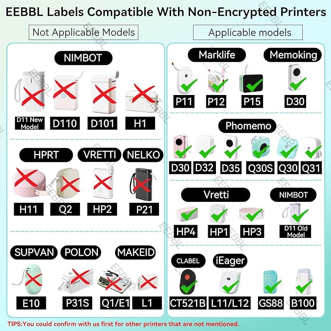 EEBBL D30 Label Maker Tape, Thermal Self-Adhesive 14x40mm (0.55"x1.57"), Compatible With D30 Portable Printer, 185 Labels/Roll (White)