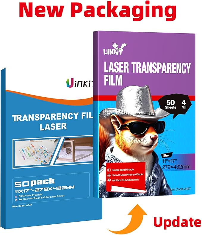 Uinkit 11x17 Laser Transparency Film OHP 50 Pack Acetate Sheets Clear Overhead Projector Laserjet Film for Color Laser Jet Printer and Copier A3 Menu Size 11 x 17 50 Pack Uinkit