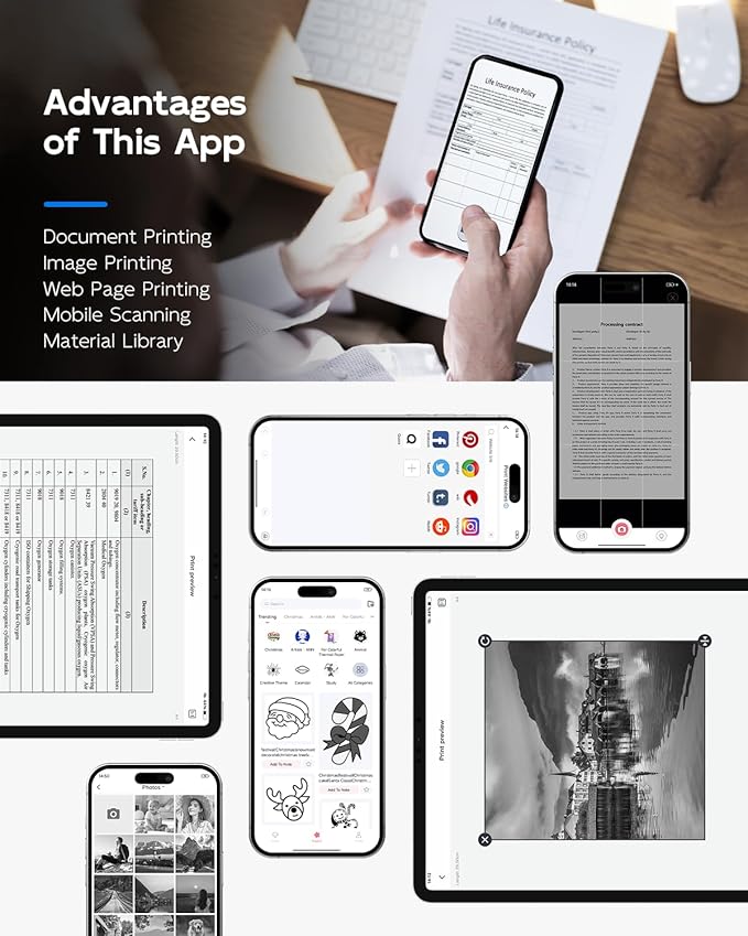 Portable Printers Wireless for Travel, Bluetooth Inkless Thermal Printer Support 8.5" X 11" US Letter, Mobile Printer for Phone Laptop, with Case and 4 Rolls Thermal Paper Kit, for Home Office Receipt