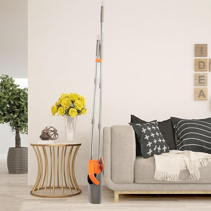 XXFLOWER 2-Pack Broom and Dustpan Set with Long Handle, Heavy Dust Broom and Dustpan Combo for Home，Kitchen, Office, Pet Hair(Gray Orange)