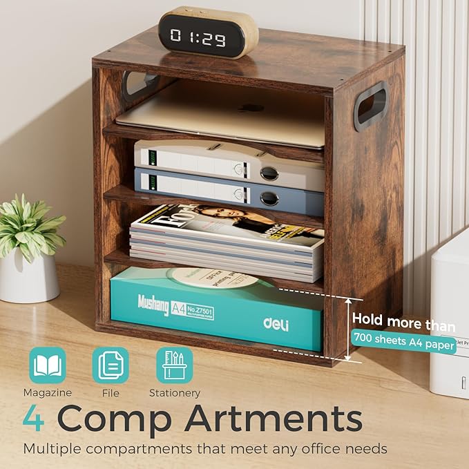 Vintage Wood File Organizer Desktop-14.5’’ Document Letter Mail Tray Sorter with 3 Adjustable Shelves Wooden Desk Organizer File Holder for School Home Office Supplies (Retro Brown)