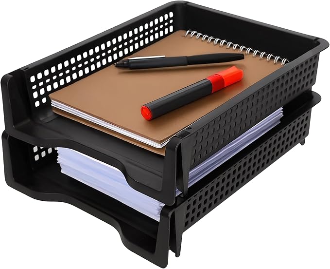 Letter Tray Desk Organizer – Stackable Paper Organizer for Home & Office, Durable Plastic Paper Tray for Desk, A4 & Letter-Size Document Holder (Black)