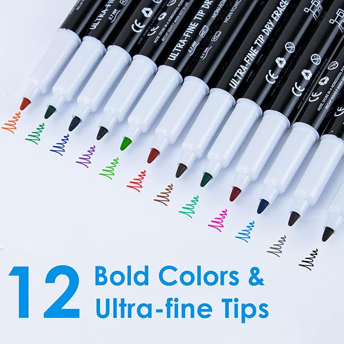 maxtek Dry Erase Markers, 0.7mm Ultra Fine Tip, Low Odor, 12 Count