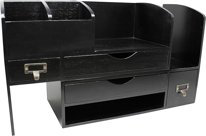 Executive Office Solutions Large Adjustable Wooden Office Desk Organizer For Desktop, Tabletop, or Counter – Wood Storage Shelf Rack – For Office Supplies, Desk Accessories, or Mail - Black (WO13)