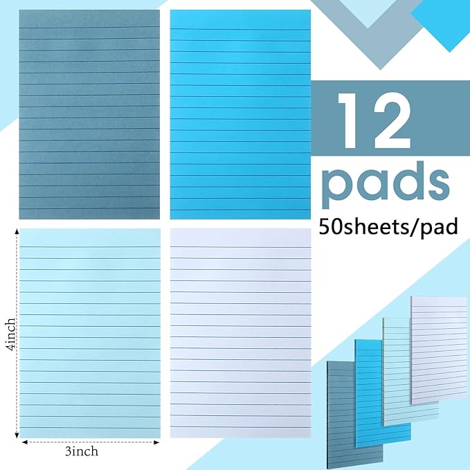12 Pads Blue Boho Sticky Notes 4x6 with Line, Lined Self Stick Notes Pads Boho Office Supplies, Vintage Aesthetic School Accessories 50 Sheets/pad