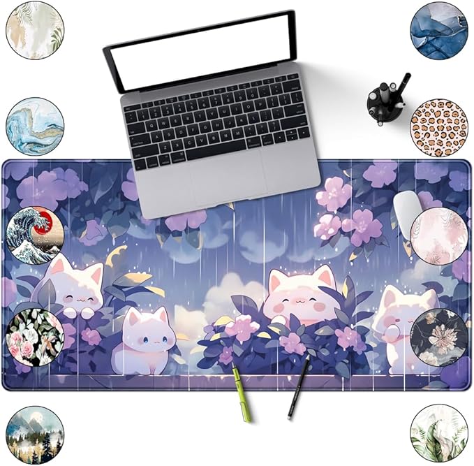 Kawaii Cat Desk Mat XXL Extended Purple Gaming Mouse Pad Large Mousepad, Cute Desk Mat Keyboard and Mouse with Stitched Edges Desk Pad for Game Office Home Desk Purple Decor 31.5x15.7 in
