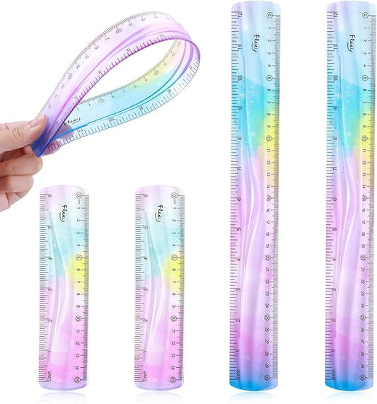 4 PCS Flexible Bendable Ruler Soft Plastic Gradient Colour Ruler with Centimeters and Inches Unbreakable for Classroom Homes Office Supplies,30cm 15cm Set