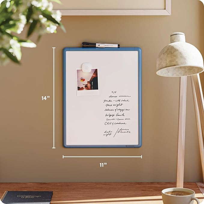 U Brands Contempo Magnetic Dry Erase Board White Board, 11" x 14", Blue Modern Frame, Includes Magnet and Marker