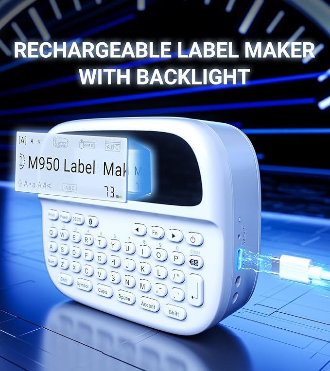 M950 Label Maker, Rechargeable Label Maker Machine with Labels-Waterproof, Bluetooth Labeler Portable, QWERTY Keyboard & Backlit LCD Screen for Home Office School
