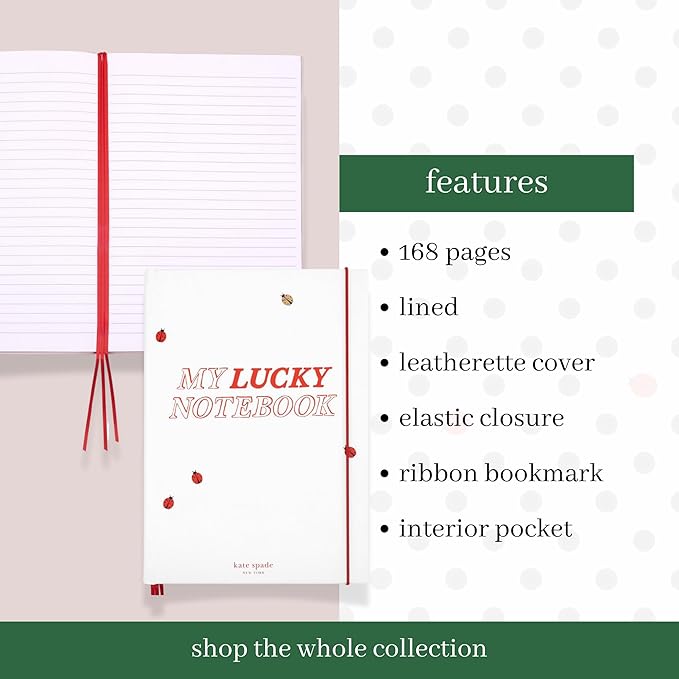 kate spade new york Take Note XL Vegan Leather Notebook, Bound Journal Includes 168 Lined Pages (Lucky Notebook)