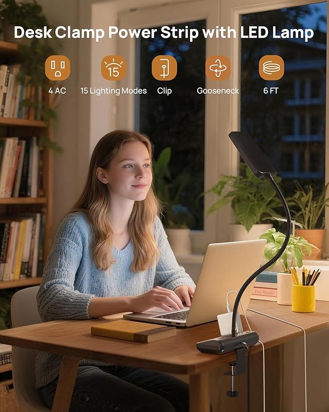 TROND LED Desk Lamp with Clamp Power Strip - Eye Caring Desk Light with 4 Surge Protector Outlet, 15 Lighting Mode, 6ft Flat Plug Extension Cord, Gooseneck for Home Office College Dorm Room Essentials