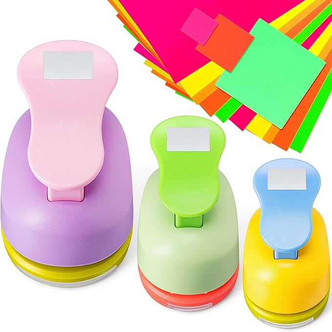 Chengu 3 Pack Craft Hole Punch 2,1 and 5/8 Inch Punch Paper Punchers with 10 Pcs Sticker, Cutter for Card Making Scrapbook DIY Albums Photos Office Supplies(Square)