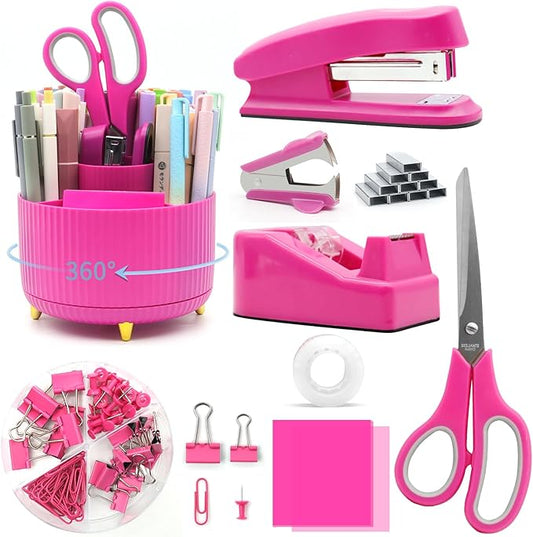 Hot Pink Desk Accessories, UPIHO Rotating Pen Holder Set,Hot Pink Office Supplies with Stapler and Tape Dispenser Set, Gifts for Office Clerks,Student