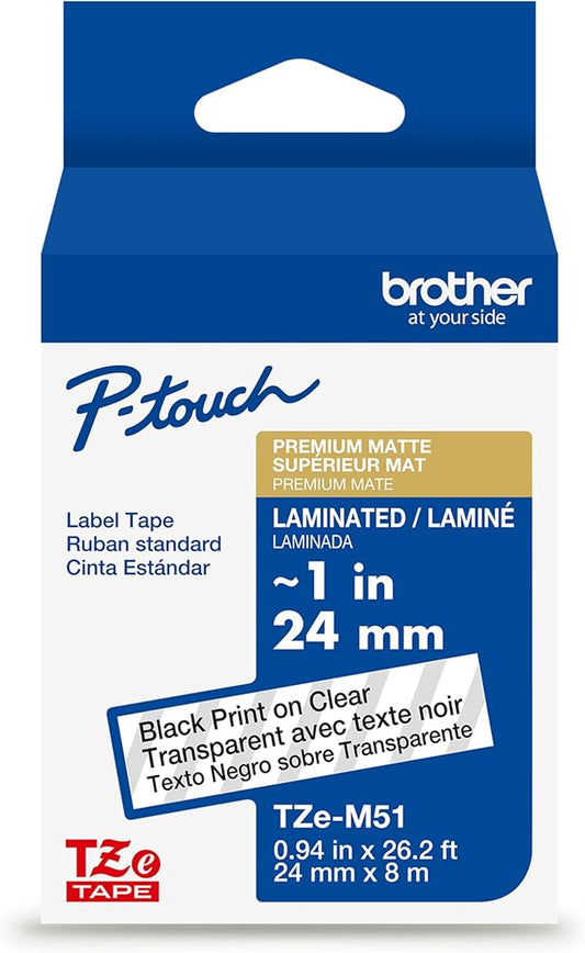 Brother Genuine P-Touch TZe, Black Print on Clear Label Tape (TZeM51), Premium Matte Laminated, ~1in x 26.2ft (24mm x 8m), for Select P-Touch Label Makers, for Crafts, Home Office, Small Business