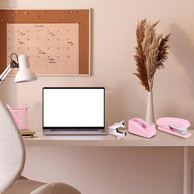 13 in 1 Pink Office Supplies, Pink Desk Accessories for Women with Stapler,Tape Dispenser,1000 Staples,Pen Holder,Staple Remover,Clips,Ruler,Scissors, Tabs,Tape,Ballpoint Pen