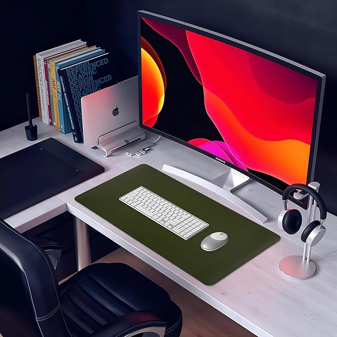 Desk Mat, Dual-Sided Pad, Large Mouse Pad, Natural Cork & PU Leather Non-Slip Waterproof Mats for Office and Home (Army Green, 31.5" x 15.7")