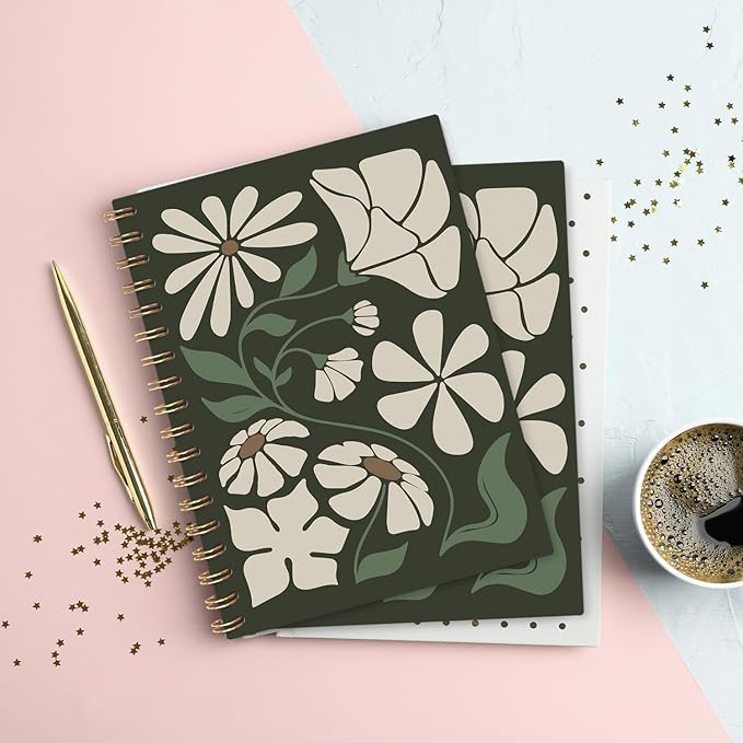 VONTP Boho Abstract Floral Spiral Notebook, Green Flower Aesthetic Journal, Boho Office Supplies, Abstract Botanical Floral College Ruled Notebook Journal for Writing, 5.5x8.3