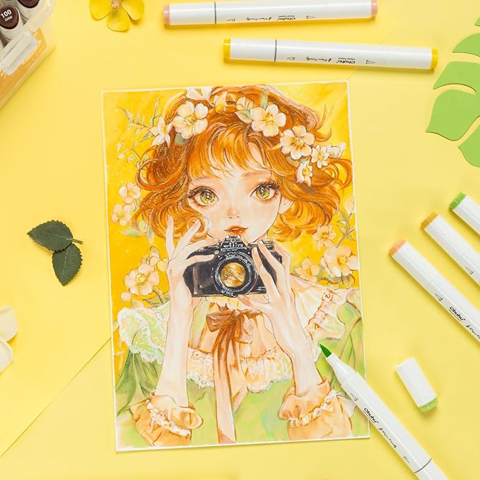 Ohuhu Markers Paper-friendly No Peeling Water-based 60 Colors Dual Brush Fine Tips Coloring Markers for Adult Coloring Books No Bleeding Drawing Pens for Kids Adults Beginner Calligraphy