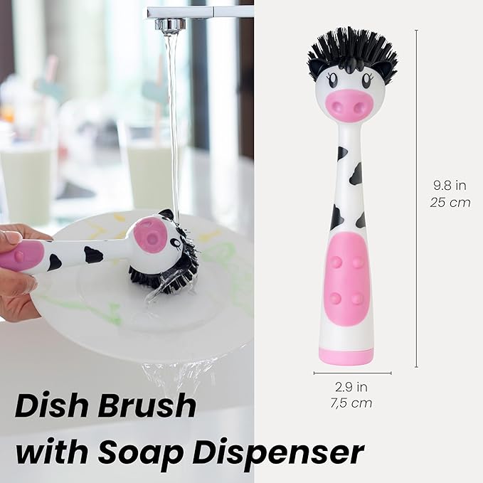 Vigar Moo Cow-Shaped Soap Dispensing Dish Brush, Dish Brush with Soap Dispenser for Pot Scrubber, Dishes, Sink, and Kitchen Essentials, White, Black