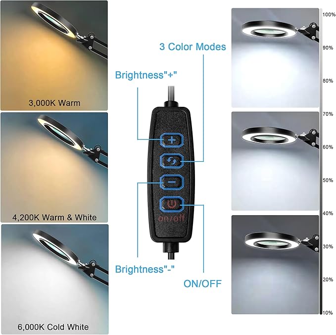 10X Magnifier Desk Lamp, 2-in-1 LED Magnifying Glass with Light and Clamp, Hands-Free Lighted Magnifier with 3 Color Modes for Craft Hobby Nail Repair Reading Close Works (Black, Clamp)
