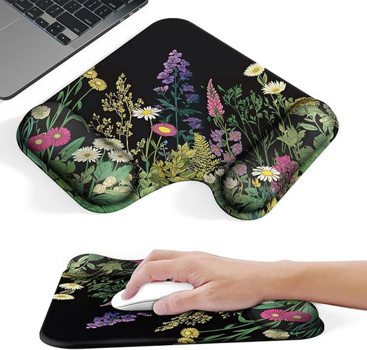 Ergonomic Mouse Pad with Gel Wrist Rest (1"& 1.2" Dual Height) - Mouse Pads Compact Mousepad Desk Mat Office, Gaming & Carpal Tunnel Relief | Non-Slip Rubber Base | Wildflower Black