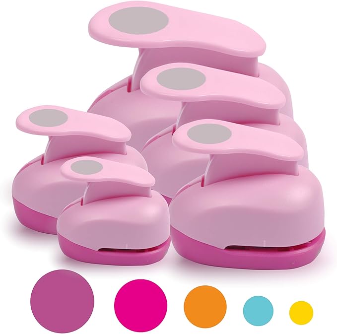 BearBoss 5 Pcs Craft Hole Punch, Handmade Scrapbook Paper Puncher, Different Size of Scrapbooking Punches Crafting Designs for Office Supplies, Card Making, DIY Albums Photos, Pink Color (Circle)