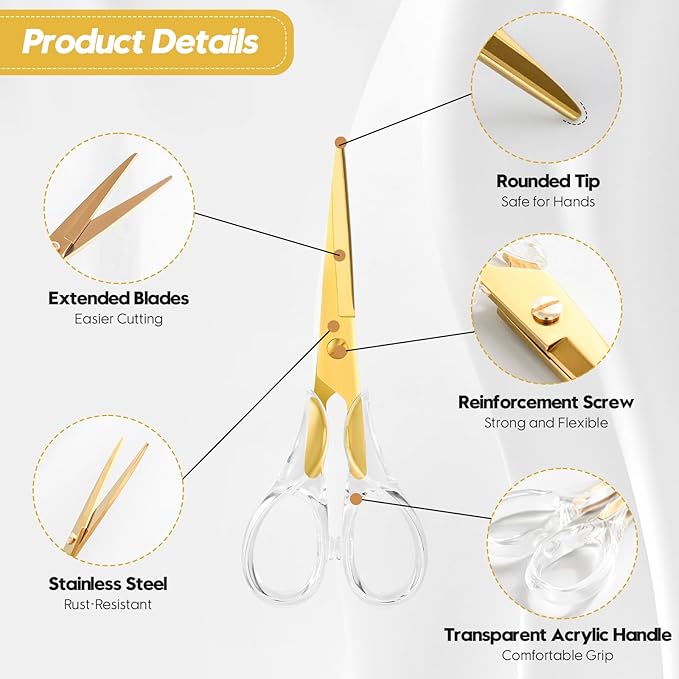 Honagu Acrylic Scissors 2-Pack 6.5", Multipurpose Stainless Steel, Sharp, Safe,Paper and Fabric Scissors for Office, Home, School, Sewing and Crafting (Gold)