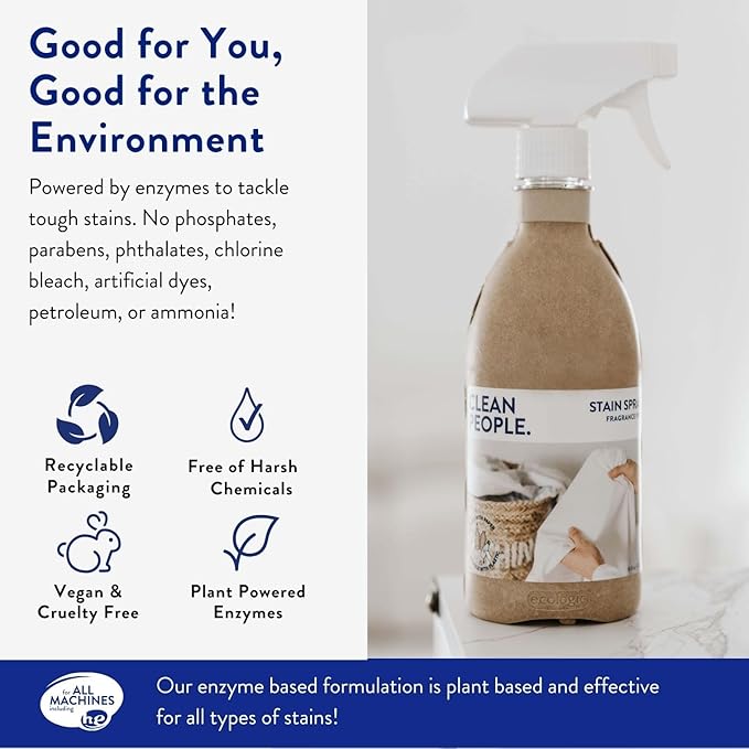 The Clean People Stain Remover Spray - Simple, Clean Ingredients - Laundry Spot Treatment for Food, Pet & Baby Stains - Boosted with Enzymes - Fabric Safe - 16oz (2 Pack)…