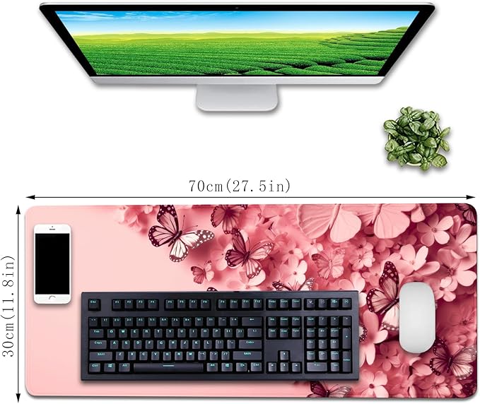Pink Mouse Pad Desk Mat,Butterfly Large Mouse Pads Desk Pad,Long Mouse Pad Gaming Mousepad Mouse Mat with Stitched Edge - Non-Slip Rubber Base for Office Computer Keyboard Laptop