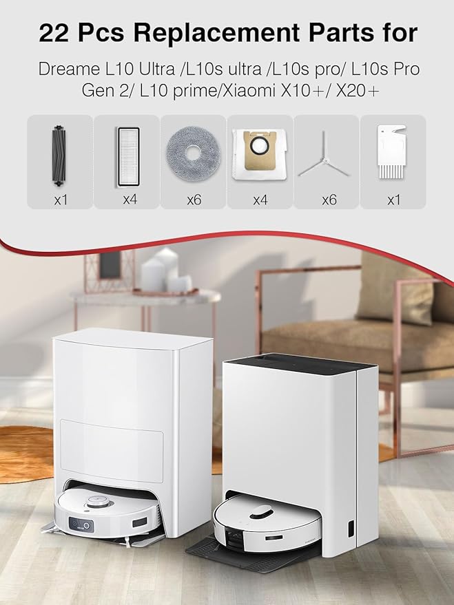 Aileway 22 Pcs Replacement Parts Accessories for Dreame L10s Ultra/L10s Pro Gen 2/L10s Ultra/L10s Pro/L10 Prime/Xiaomi X10+/X20+, Mop Pads X6; Dust Bag X4; Filter X4; Main Brushes X1; Side Brushes X6